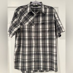 Under Armour, neutral colored button down short sleeve casual shirt, size medium